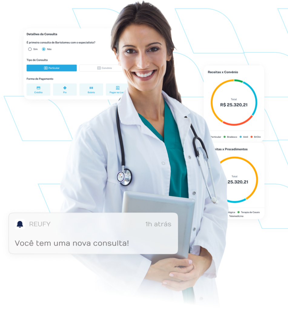Montagem de medica sorrindo com prints dos dashboards da reufy software de saude