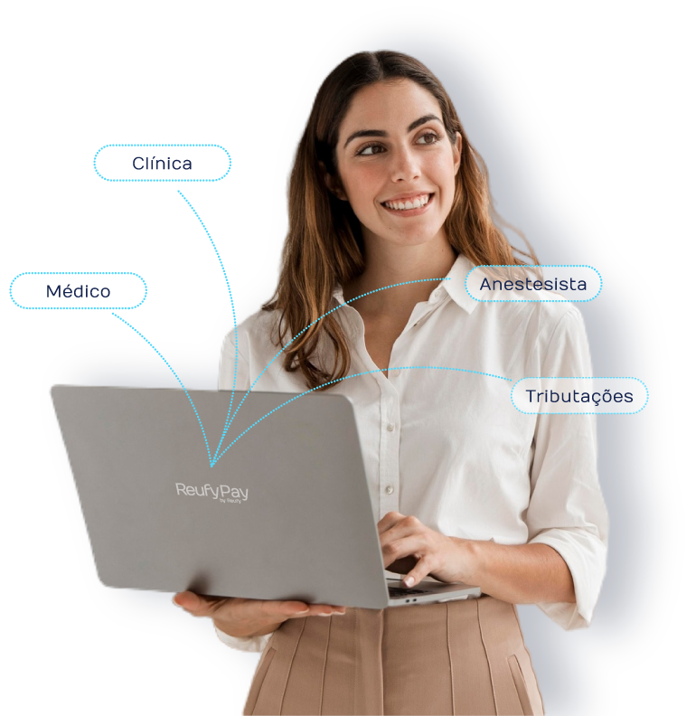 Mulher caucasiana utilizando o reufy pay no computador em suas mãos com textos e linhas saindo da tela explicando o split de pagamento